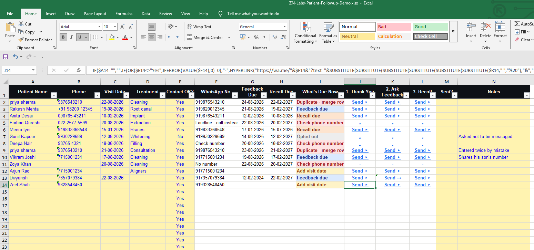 Excel sheet with patient names, phone numbers and WhatsApp follow-up links